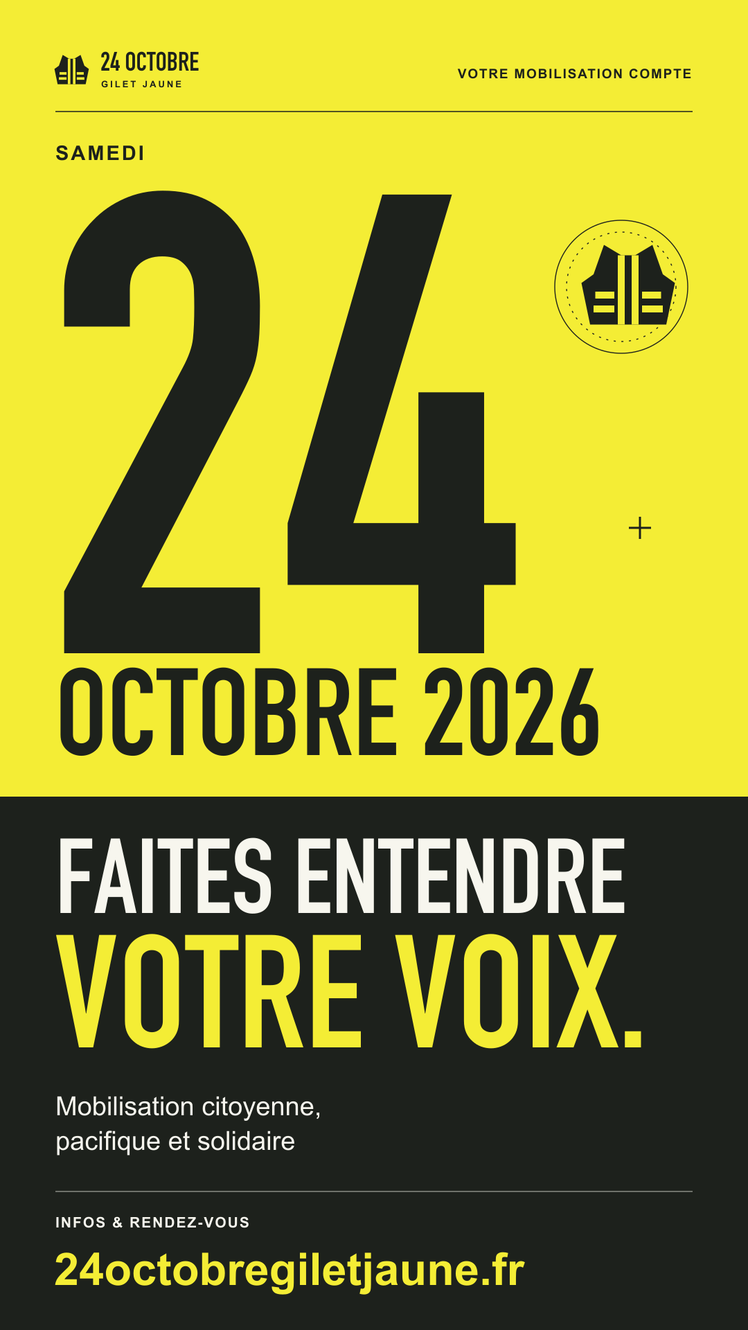 Visuel vertical de la mobilisation du 24 octobre 2026 avec l’adresse 24octobregiletjaune.fr